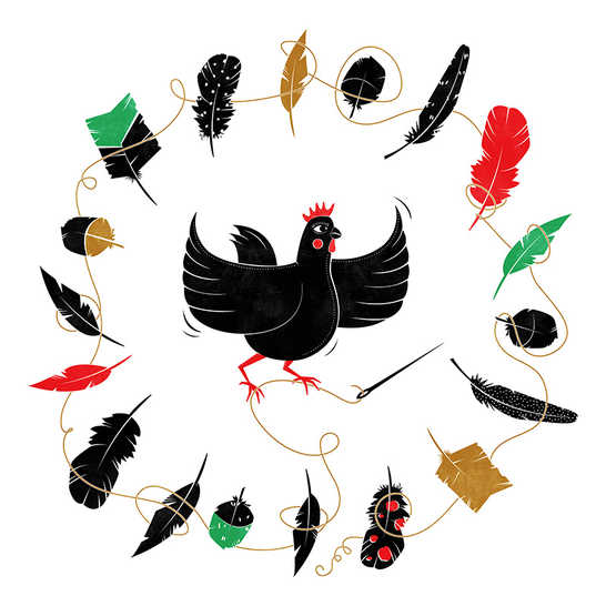 A hen surrounded by a variety of bird feathers.