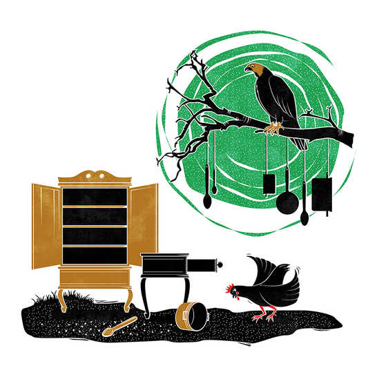 An eagle sitting on a tree branch and a hen looking for something in her kitchen.