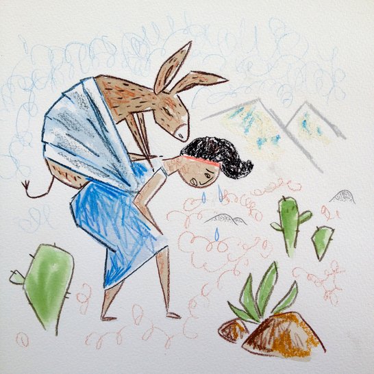 A woman with a donkey tied to her back.