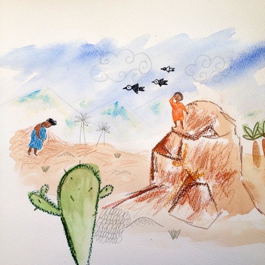 A girl standing on a rock looking at woman in the distance.