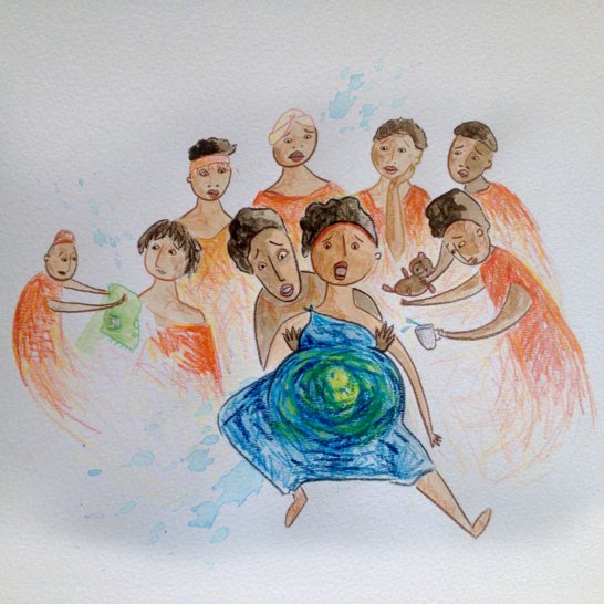 A woman in labour and other women helping her and bringing her water and blankets.