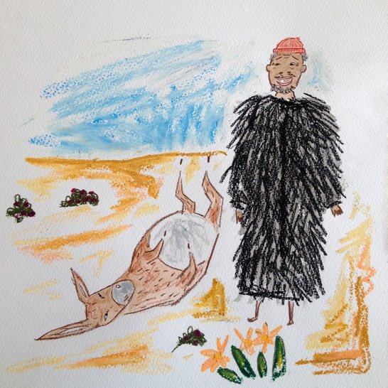 A man dressed in a fur coat staring down at a donkey.