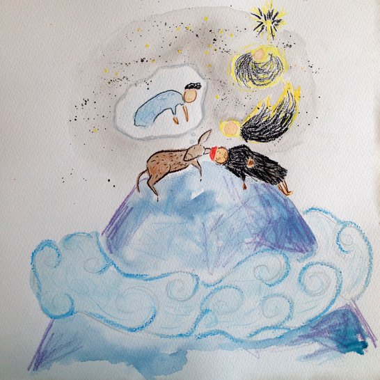 A donkey and a man sleeping on the top of a mountain surrounded by clouds. The donkey dreaming of a woman.