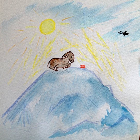 A donkey sitting on the top of a mountain with the sun shining on him.