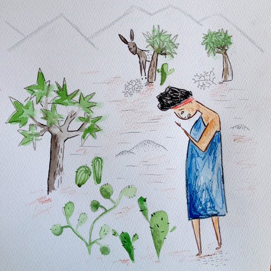 A sad-looking woman standing amongst some trees and a donkey looking at her.