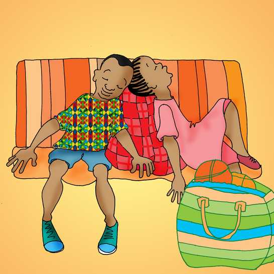 A boy and girl sleeping in a car.