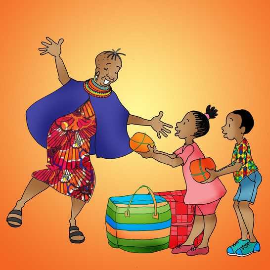 A happy-looking boy and girl holding out gifts to give to a woman.