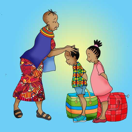 A boy and girl bowing their heads and a woman touching the boy's head.