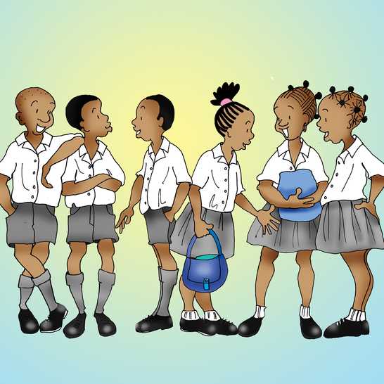 A boy and girl talking with school friends.