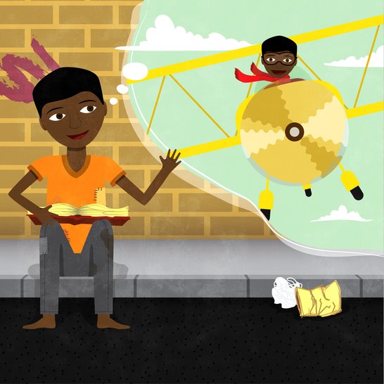 A boy daydreaming about being a pilot.