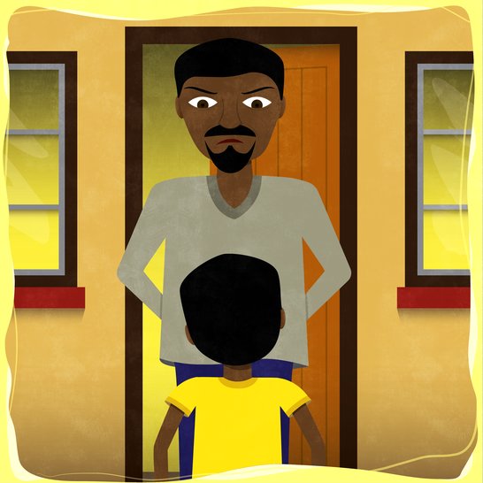 A man looking down at a young boy.