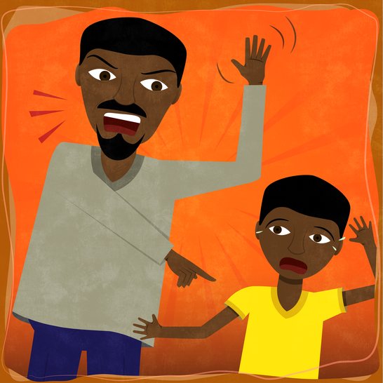 An angry-looking man raising his hand to hit a young boy.
