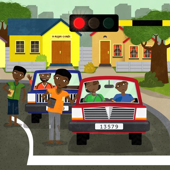 Boys begging people in passing cars.