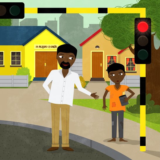 A man speaking to a boy on a street.