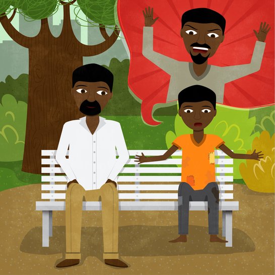 A man sitting next to a boy thinking about an angry man.