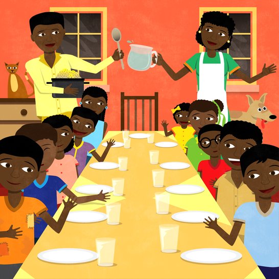 Ten children sitting around a dinner table and a man and woman serving them food and drink.