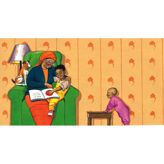 A boy sitting on a woman's lap listening to a story, and a dog and toddler listening, too.