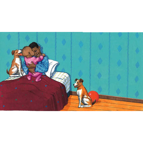 A boy sitting in bed cuddling a toddler and two dogs sitting next to them.