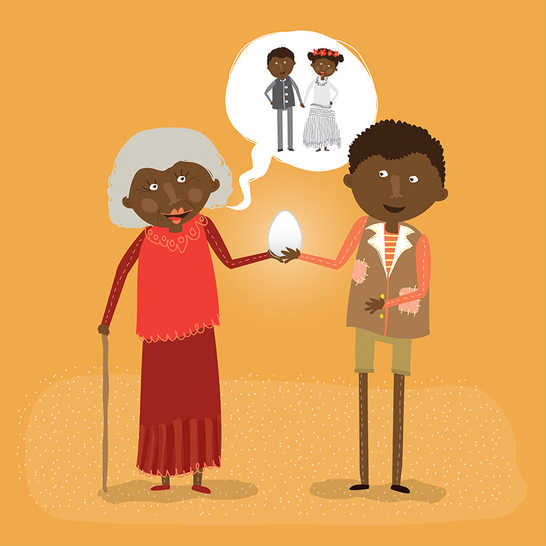 An old woman thinking of a wedding, giving a boy an egg.