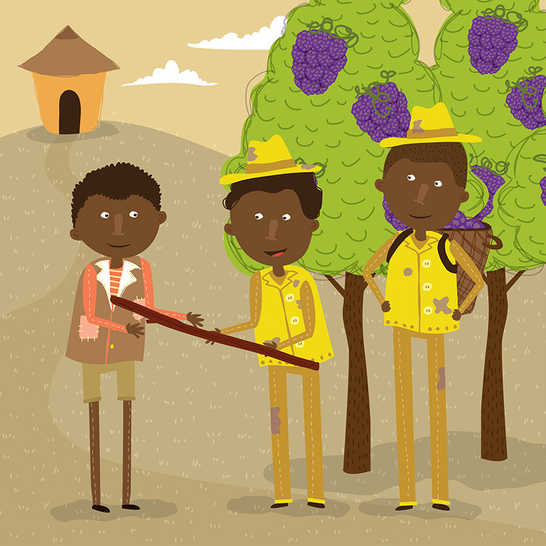 Two fruit pickers giving a boy a walking stick.