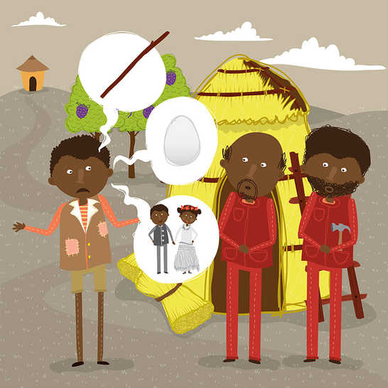 A boy telling the builders about the egg, the wedding and the walking stick.