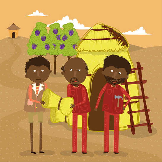 Two builders giving a boy some thatch.