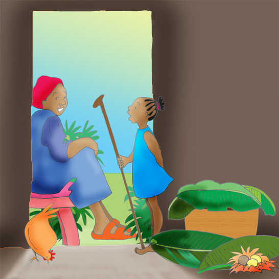 A girl passing a walking stick to a woman.