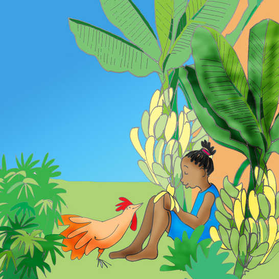 A girl sitting eating a banana next to a big bunch of ripe bananas.