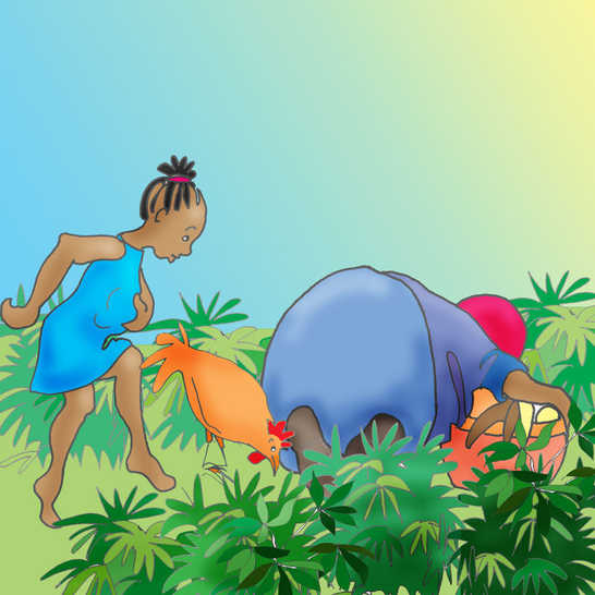 A girl holding her tummy sneaking past a woman picking vegetables.
