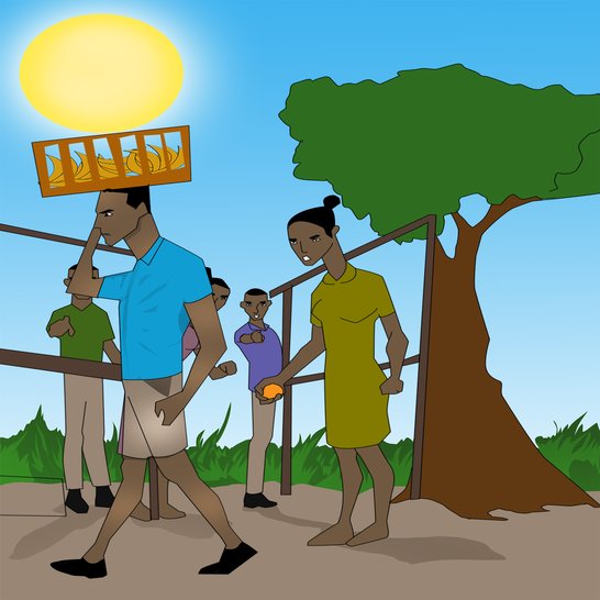 A man walking with a tray of bananas on his head.