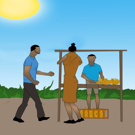 A man standing at a banana stall and people walking towards him.