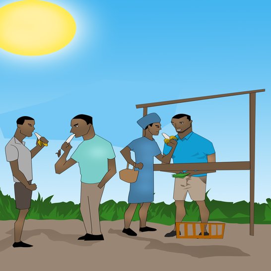 A man standing with an empty tray at a market stall and people eating bananas.