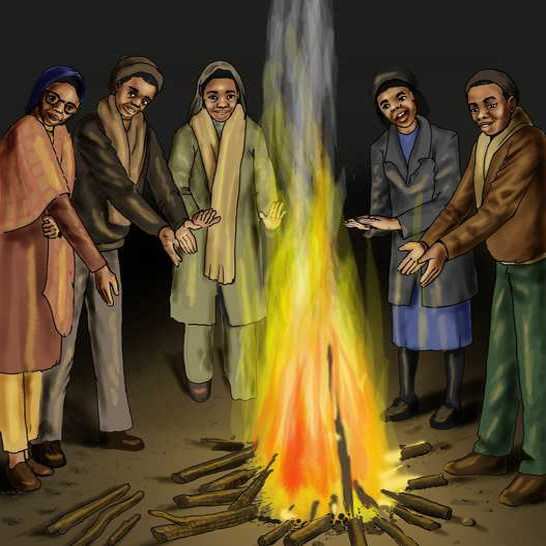 Five people standing around a campfire keeping warm.