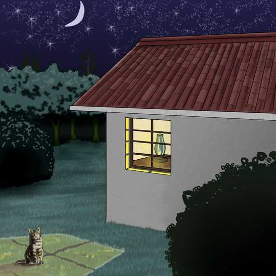 A house at nighttime with the lights on inside.