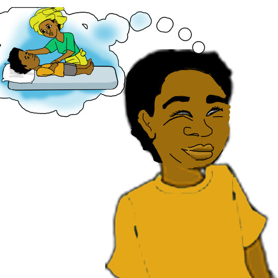 A boy thinking about when he was ill in bed.