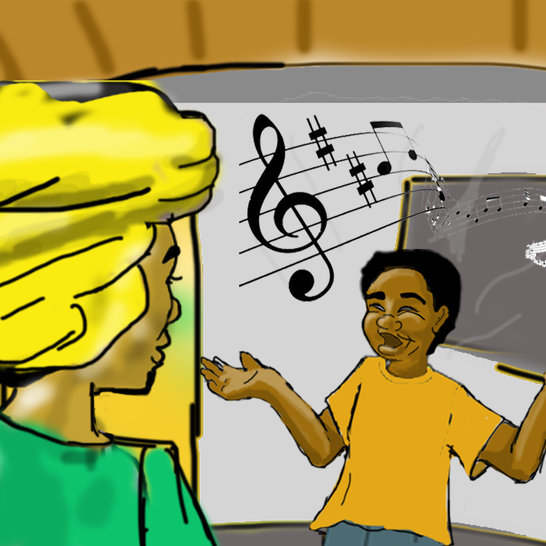 A boy singing to a woman.