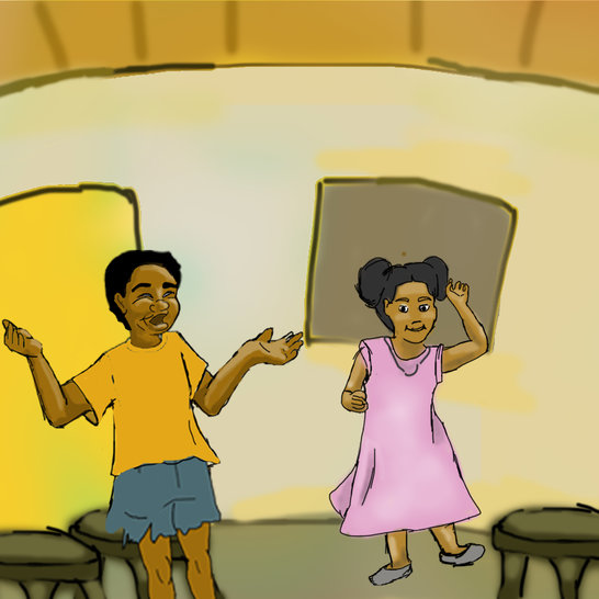 A boy singing to a girl smiling.