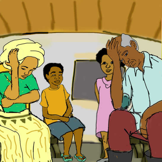 A sad-looking man and woman sitting with their heads in their hands and a boy and girl next them.