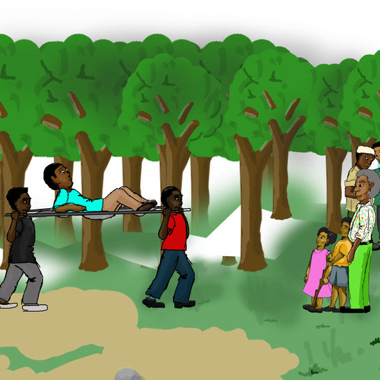 Two men carrying a boy on a stretcher towards a man standing next to a boy and girl.