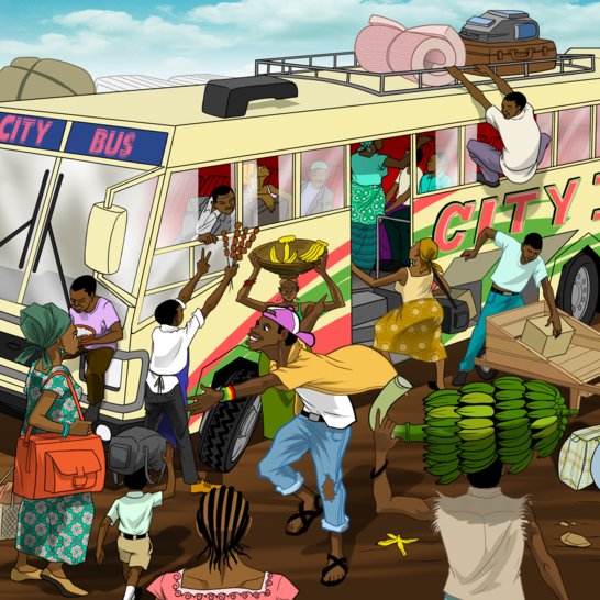 People carrying various items walking to a bus.