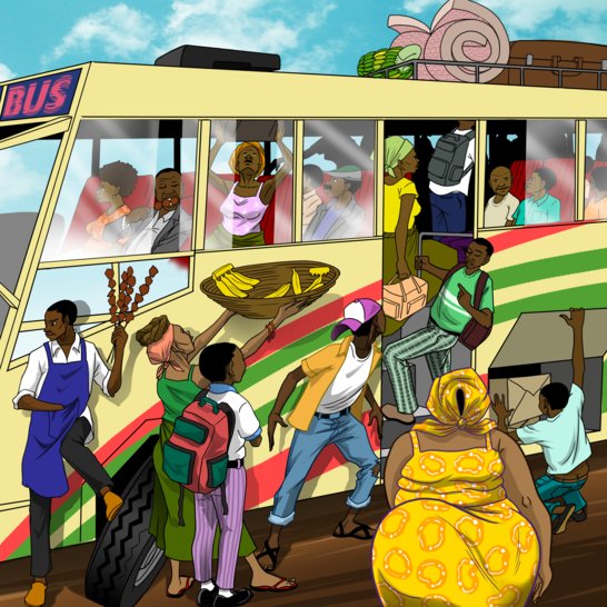 People trying to get on a packed bus.