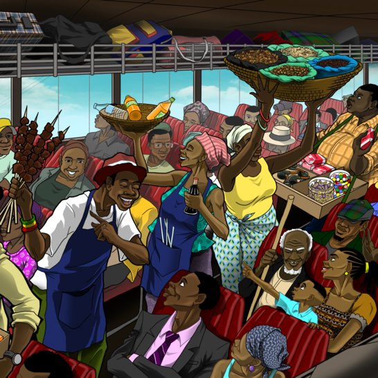 A crowded bus with people standing in the aisle selling items.