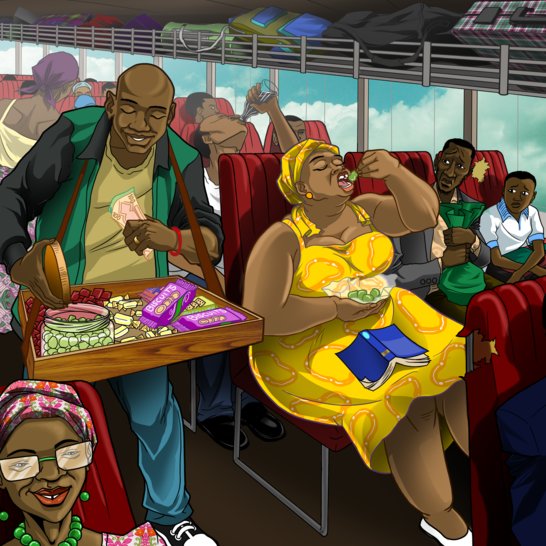 Passengers sitting on a bus eating and drinking.