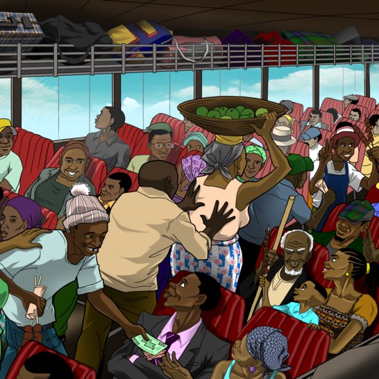 People carrying food making their way out of the bus.