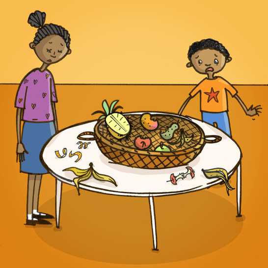 A sad-looking boy and girl looking at a half-eaten fruit basket.