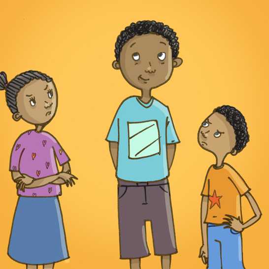 An angry-looking boy and girl glaring at another boy.