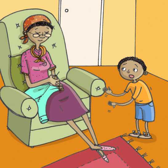 A woman sitting on a chair knitting and a boy talking to her.