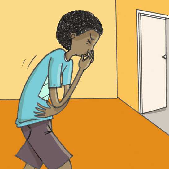 An ill-looking boy holding his tummy and covering his mouth leaving a room.
